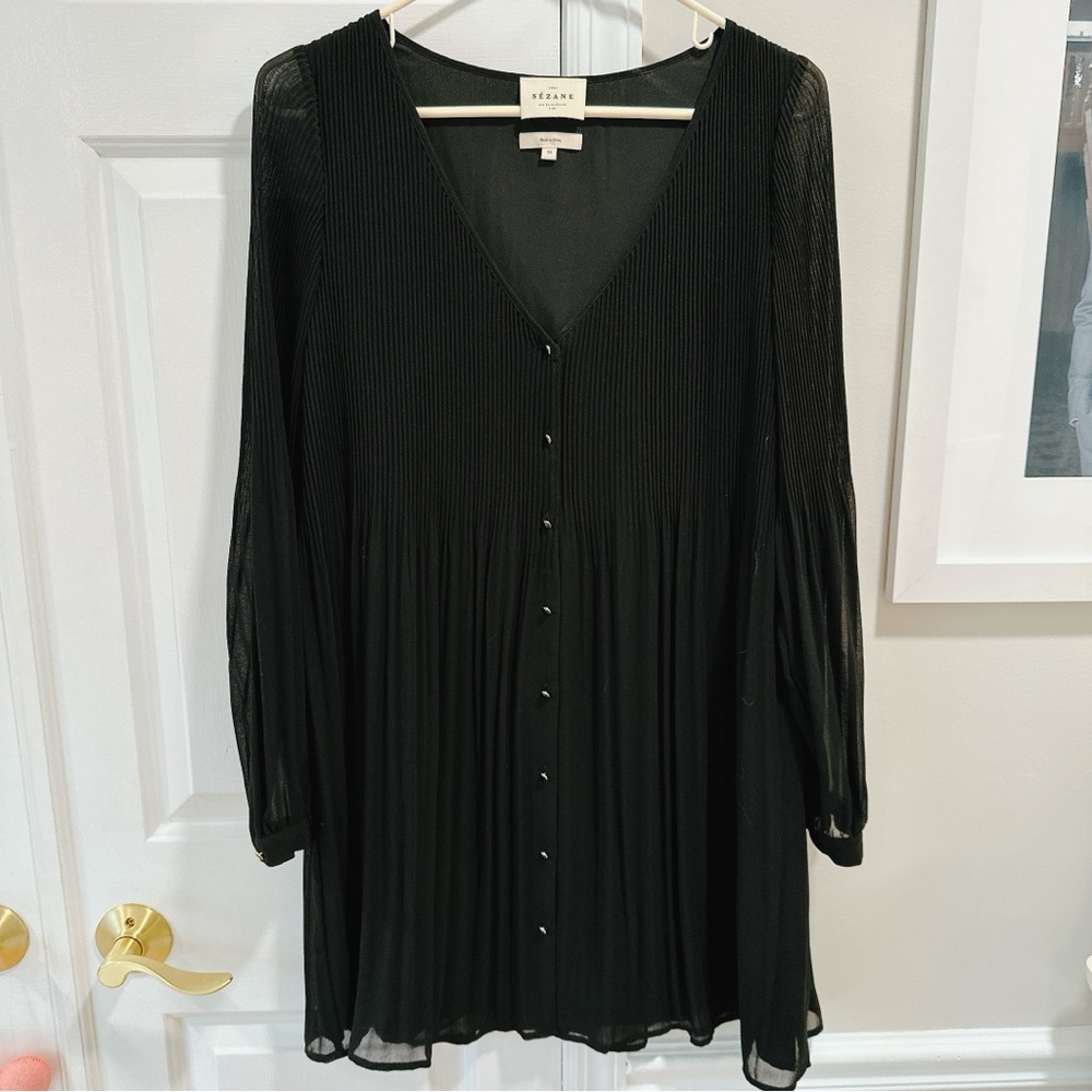 SEZANE Louisette Black Button-Down Georgette Pleated Mini Dress
